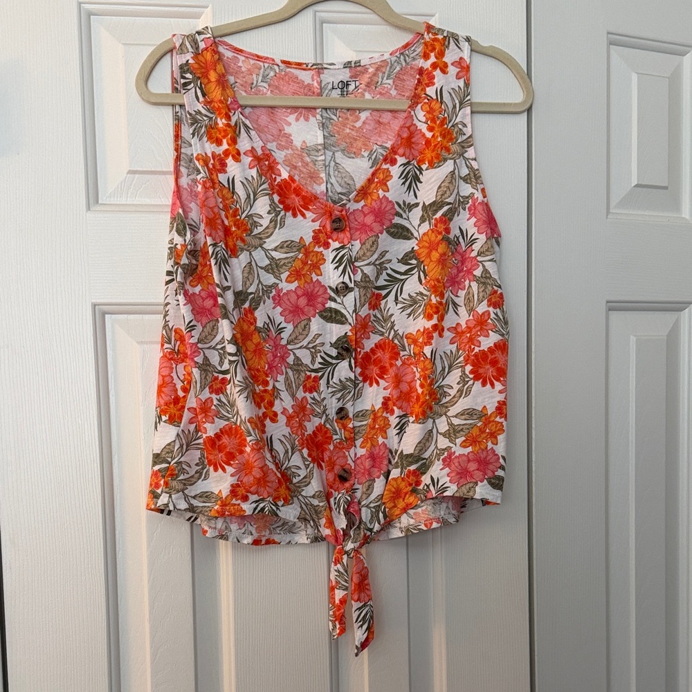 LOFT Floral Tie-Front Sleeveless V-Neck Top — Pink & Orange